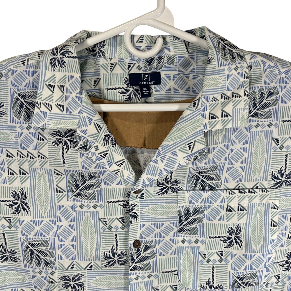 George Mens 2XL Blue‎ Textured Palm Camp Shirt Short Sleeve Linen Blend New